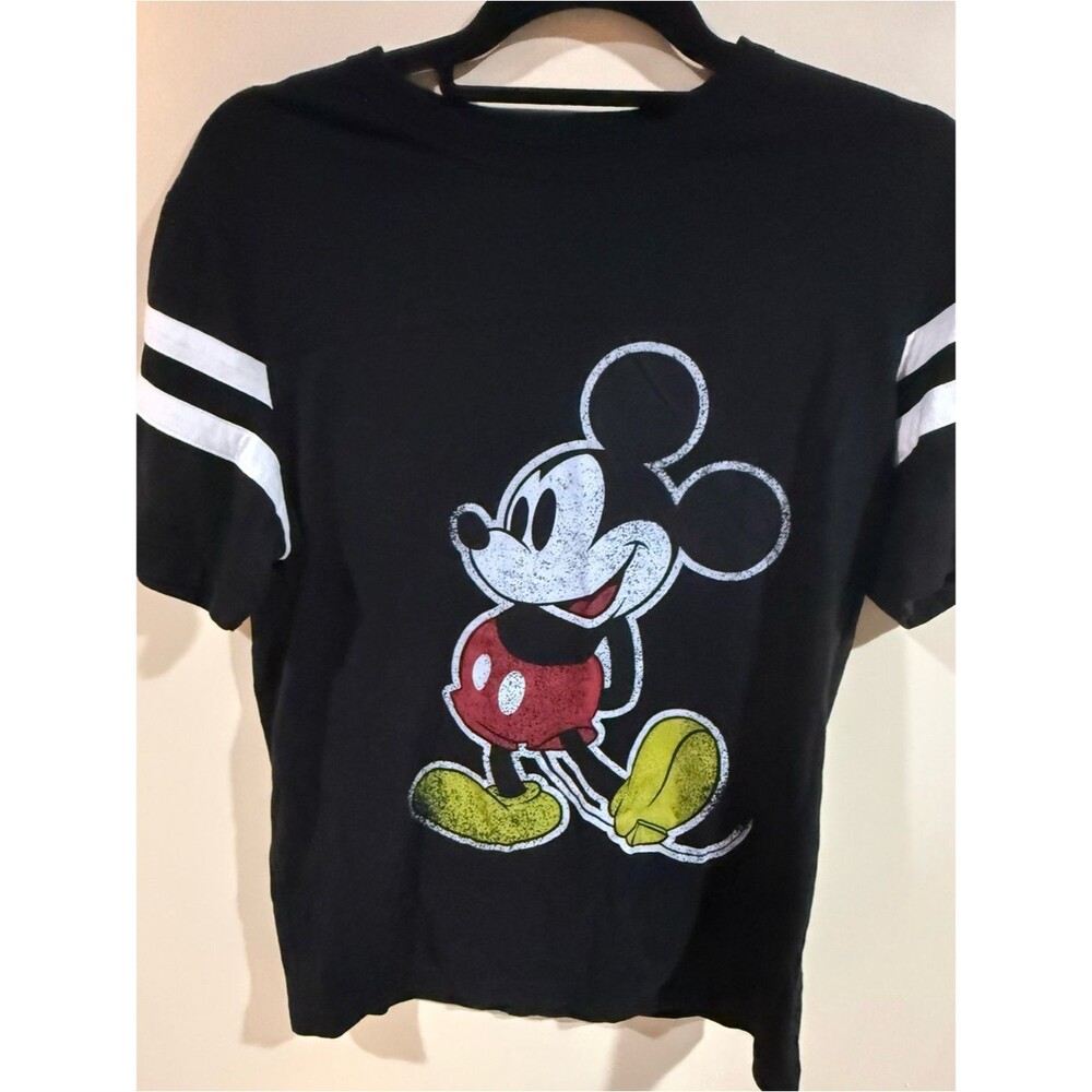Disney Black Tee with White Sleeve Stripes and Mickey Graphic